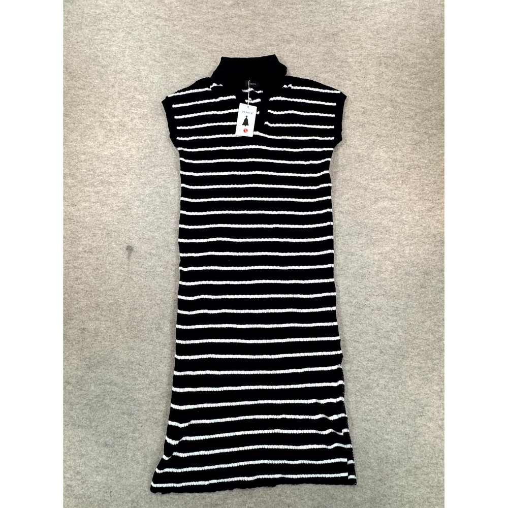 Zesica Sweater Dress Womens Small Black White Striped Collared Bodycon Side Slit